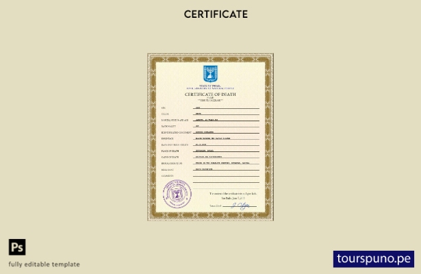 listo para imprimir la plantilla PSD del certificado de defunción de Israel