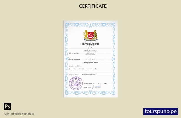 listo para imprimir la plantilla PSD del certificado de defunción de Singapur