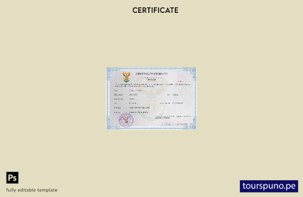 listo para imprimir la plantilla PSD del certificado de defunción de Sudáfrica