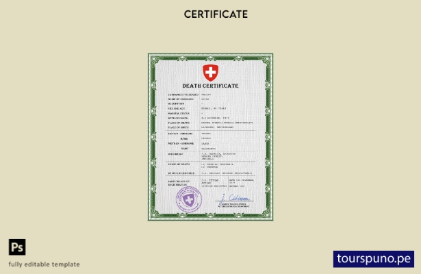 listo para imprimir la plantilla PSD del certificado de defunción de Suiza