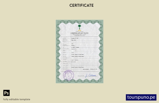 listo para imprimir plantilla PSD de certificado de defunción de Arabia Saudita
