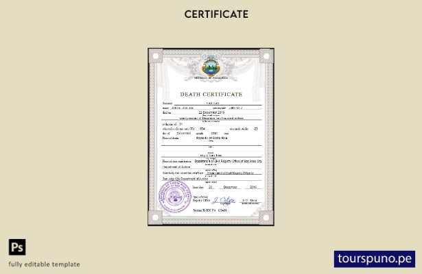 listo para imprimir plantilla PSD de certificado de defunción de Costa Rica