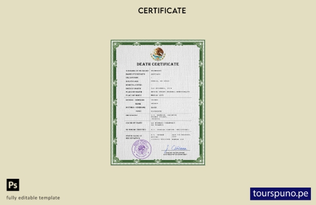 listo para imprimir plantilla PSD de certificado de defunción de México