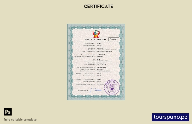 listo para imprimir plantilla PSD de certificado de defunción de Perú