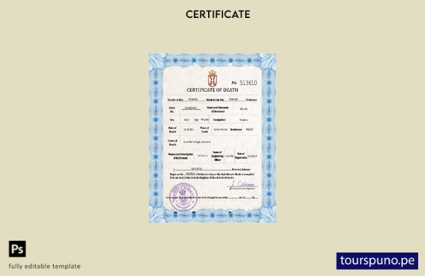 listo para imprimir plantilla PSD de certificado de defunción de Serbia