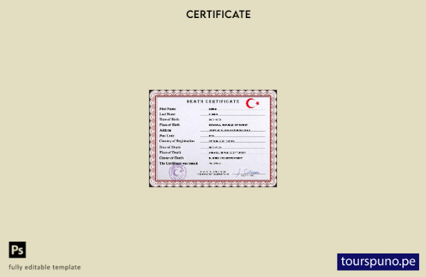 listo para imprimir plantilla PSD de certificado de defunción de Turquía