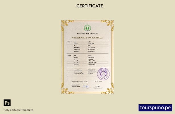 listo para imprimir plantilla PSD de certificado de matrimonio de Comoras