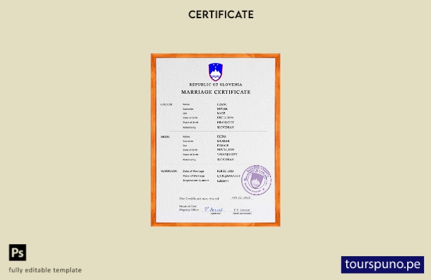listo para imprimir plantilla PSD de certificado de matrimonio de Eslovenia