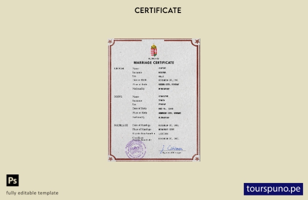 listo para imprimir plantilla PSD de certificado de matrimonio de Hungría