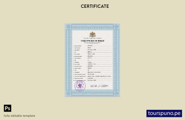 listo para imprimir plantilla PSD de certificado de nacimiento de Irán
