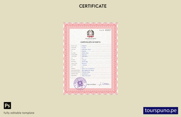 listo para imprimir plantilla PSD de certificado de nacimiento de Italia