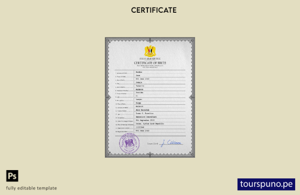 listo para imprimir plantilla PSD de certificado de nacimiento de Siria