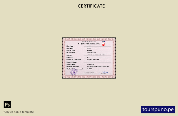 listo para imprimir plantilla PSD de certificado de nacimiento de registro ci 13