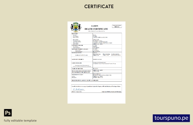 listo para imprimir plantilla de Word y PDF del certificado de defunción de Gabó