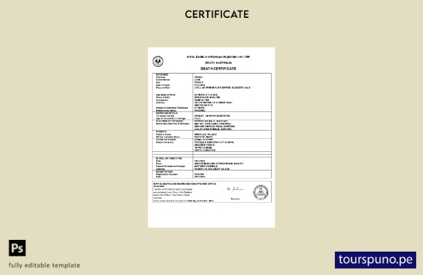 listo para imprimir plantilla de certificado de defunción de Australia del Sur d