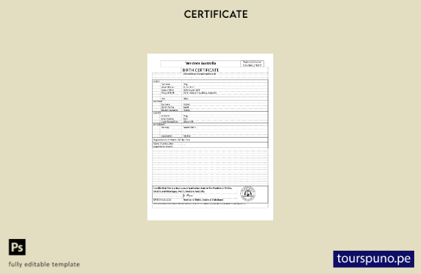 listo para imprimir plantilla de certificado de nacimiento de Australia Occide 1