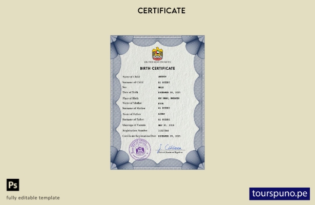 listo para imprimir plantilla de plantilla PSD de certificado de nacimiento de 2