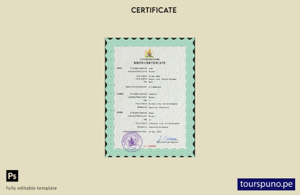 listo para imprimir plantilla de plantilla PSD de certificado de nacimiento del