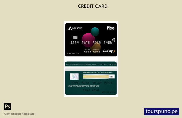 lista para imprimir plantilla de tarjeta de crédito Fibe RuPay de India Axis Ban