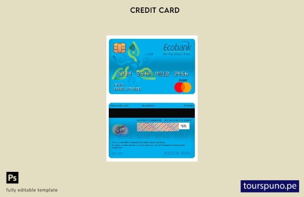 lista para imprimir plantilla de tarjeta de débito maestra del banco Ecobank de