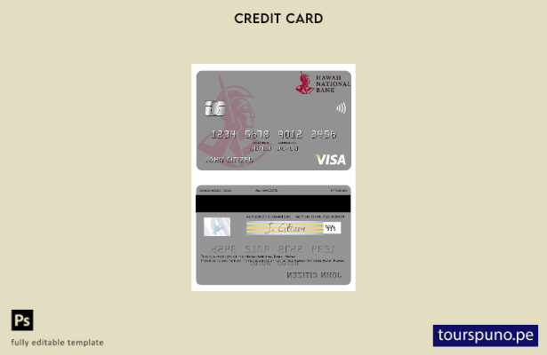 listo para imprimir Hawaii, plantilla de tarjeta visa del Banco Nacional de Hawa