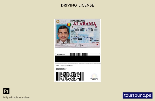 Plantilla de licencia de conducir de Alabama de EE. UU. lista para imprimir
