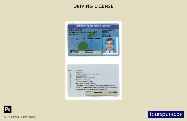 Plantilla de licencia de conducir de Fiji lista para imprimir
