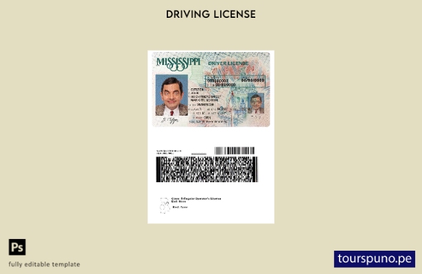 Plantilla de licencia de conducir de Mississippi de EE. UU. lista para imprimir