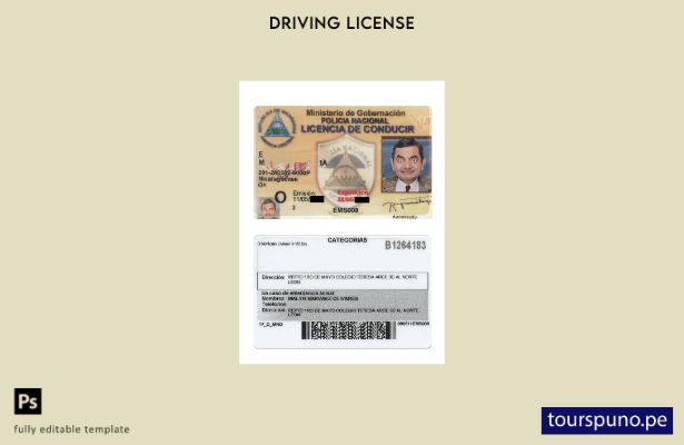 Plantilla de licencia de conducir de Nicaragua lista para imprimir