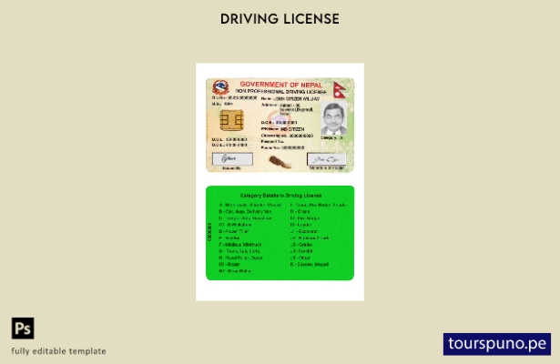 Plantilla de licencia de conducir inteligente de Nepal lista para imprimir