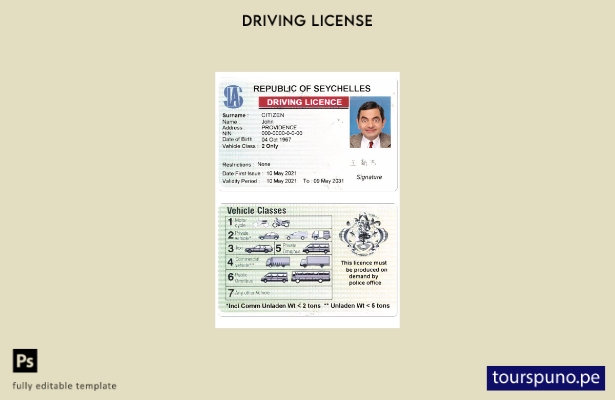 Plantilla de permiso de conducir de Seychelles lista para imprimir