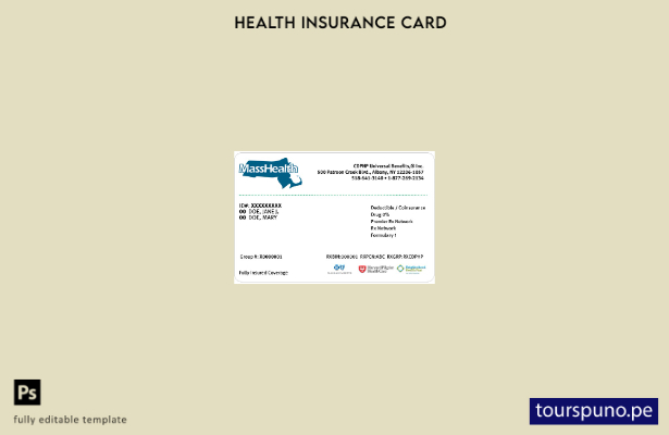 Plantilla de tarjeta de seguro médico de Massachusetts lista para imprimir