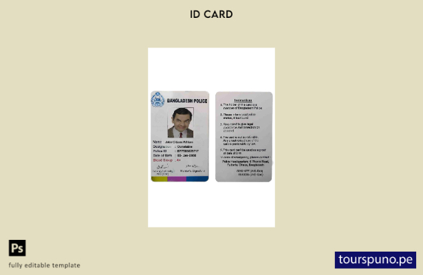 Plantilla de identificación de la policía de Bangladesh lista para imprimir