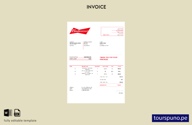 Plantilla de factura Budweiser de EE. UU. lista para imprimir