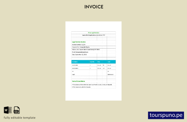 Plantilla de factura de servicios legales lista para imprimir. 1