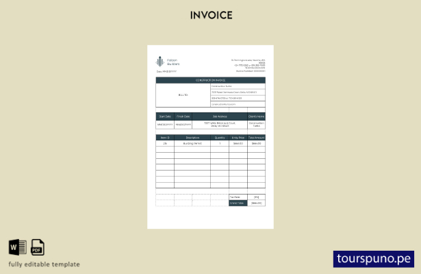 Plantilla de factura de trabajo de construcción lista para imprimir