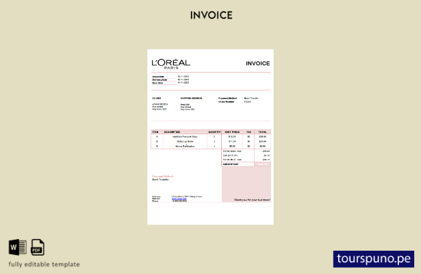 lista para imprimir plantilla de factura de L'oreal Paris de EE. UU.