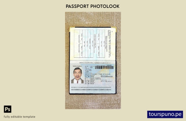 listo para imprimir plantilla de aspecto fotográfico del pasaporte de Sudáfrica