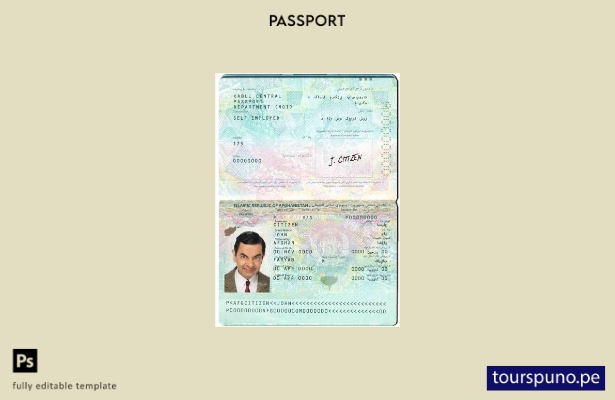 Plantilla de pasaporte de Afganistán lista para imprimir