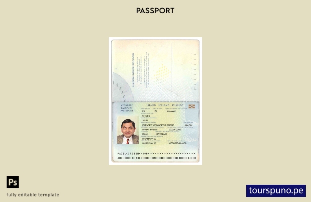 Plantilla de pasaporte de Islandia lista para imprimir