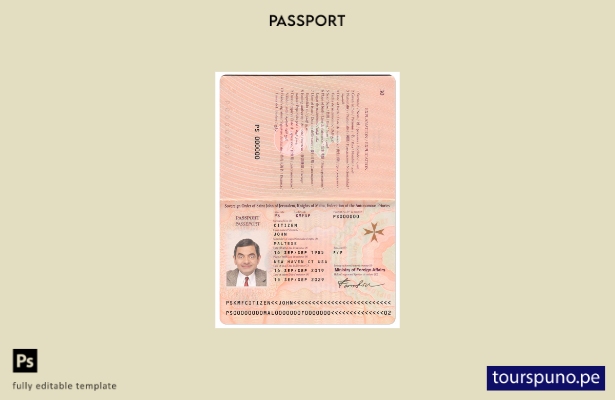 Plantilla de pasaporte de Malta (presente) lista para imprimir
