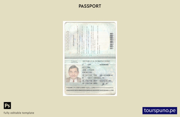 Plantilla de pasaporte de República Dominicana lista para imprimir