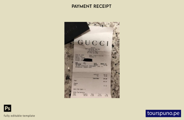 Plantilla de recibo de tienda de la marca Gucci lista para imprimir