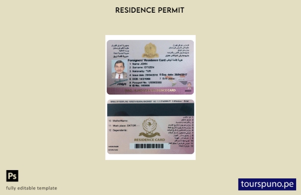 Plantilla de tarjeta de residencia de Irak (Kurdistán) lista para imprimir