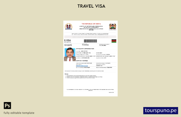 Plantilla de visa electrónica para Kenia lista para imprimir en formatos Word y