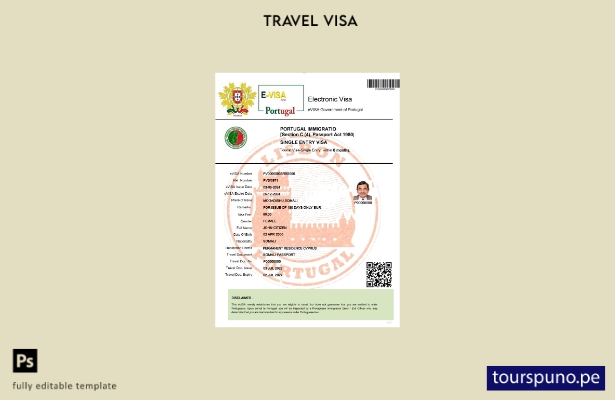 Plantilla de visa electrónica para Portugal lista para imprimir