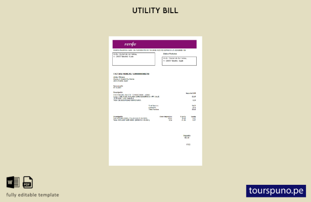 Lista para imprimir plantilla de factura de servicios públicos de Renfe España.